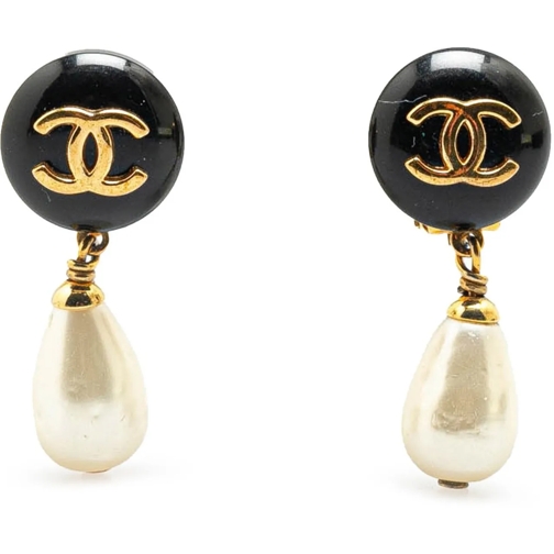Chanel Créole Gold Plated Faux Pearl CC Drop Clip On Earrings gold