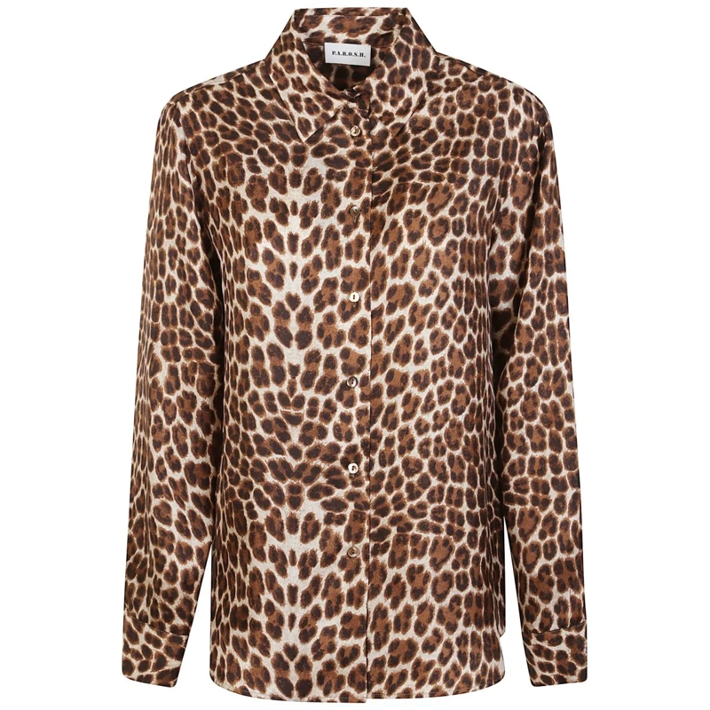 P.A.R.O.S.H. Chemise Leopard Print Silk Shirt With Pointed Collar And O Brown