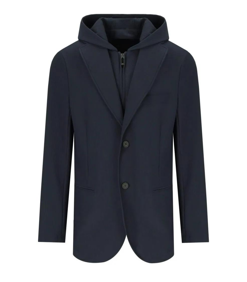 Thumbnail - Emporio Armani - Navy Blue Ribbed Single-Breasted Hooded Jacket - Größe L - blau