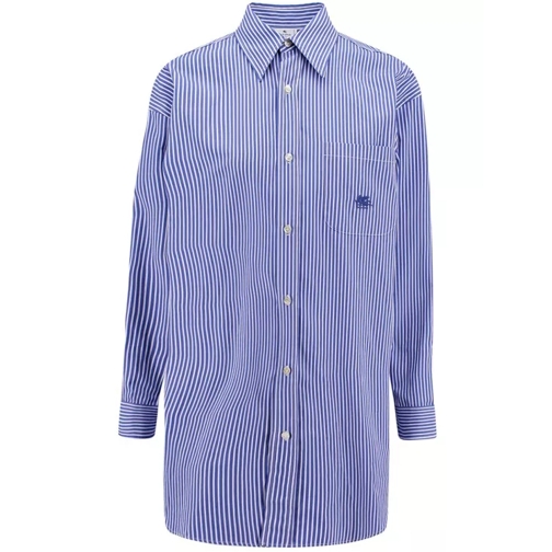 Etro Cotton Shirt With Frontal Logo Embroidery Blue Camicie