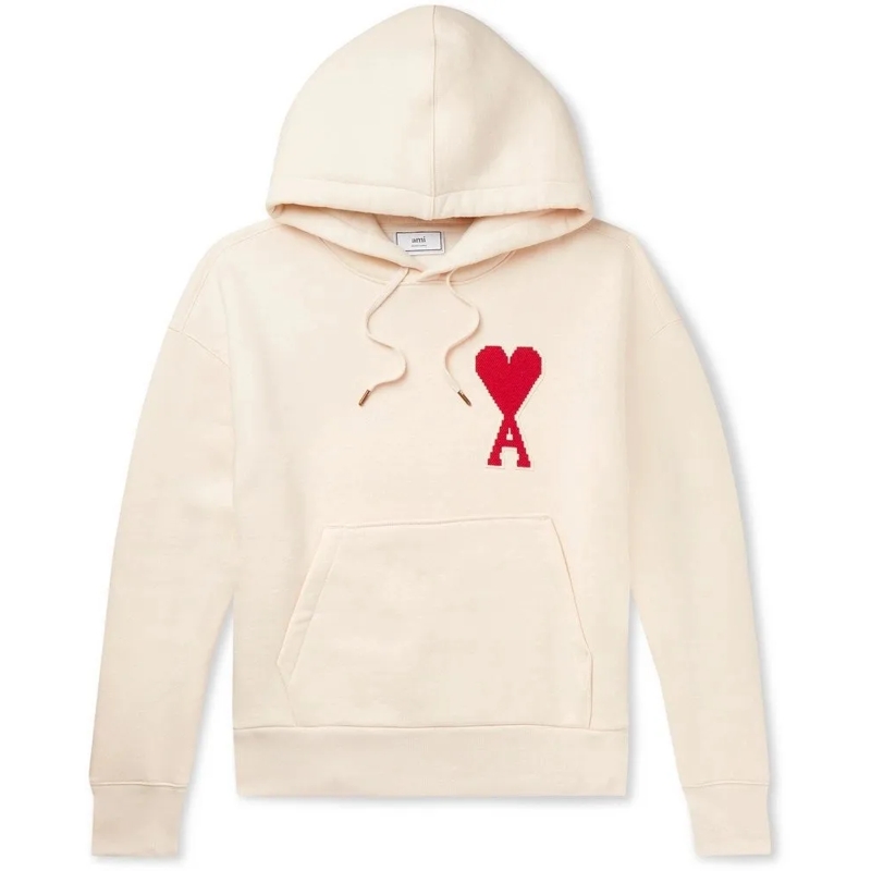 AMI Paris  Giant Heart-Embroidered Cream Hoodie With Ribbed T Neutrals