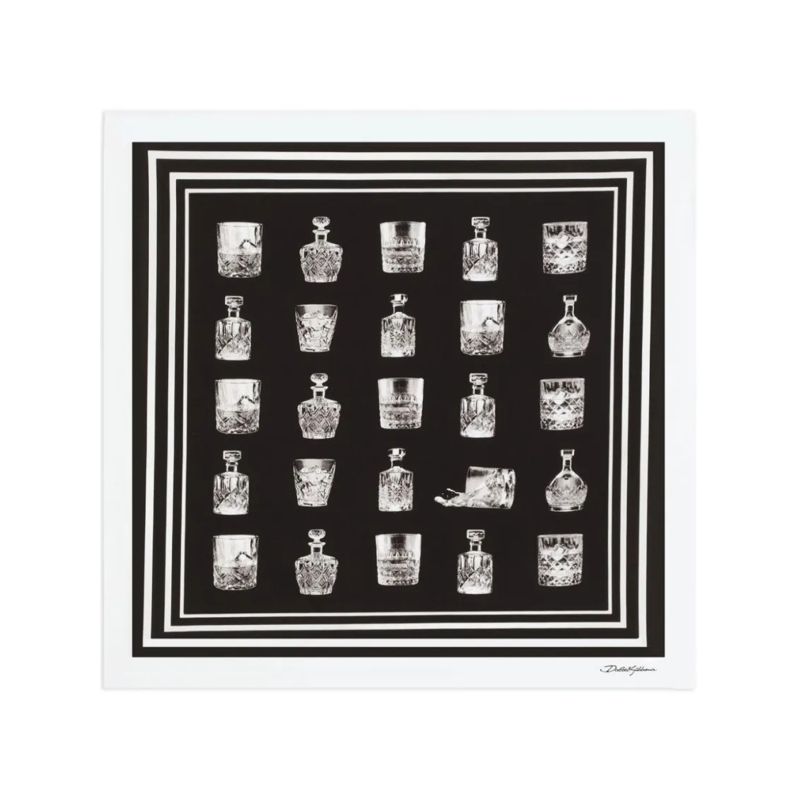 Dolce&Gabbana Écharpe légère Square Scarf With Striped Border And Glassware Des Black