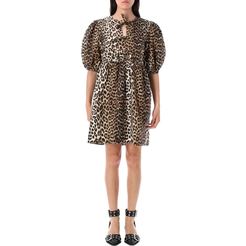 GANNI Minikleid Leopard Tie String Mini Dress Brown