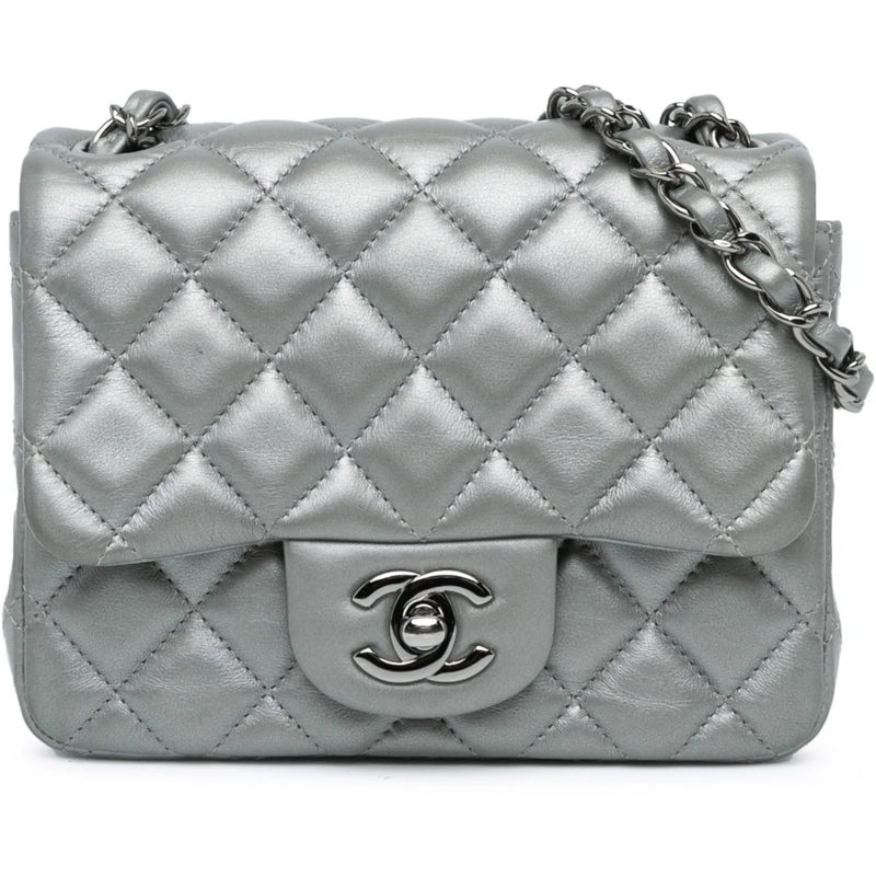 Chanel Schultertasche Mini Square Classic Calfskin Single Flap silber