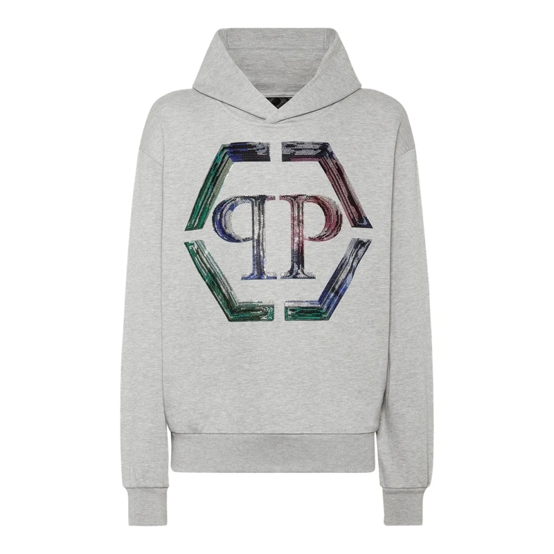 Philipp Plein Top Hoodie Hexagon Mit Schmucksteinen grau