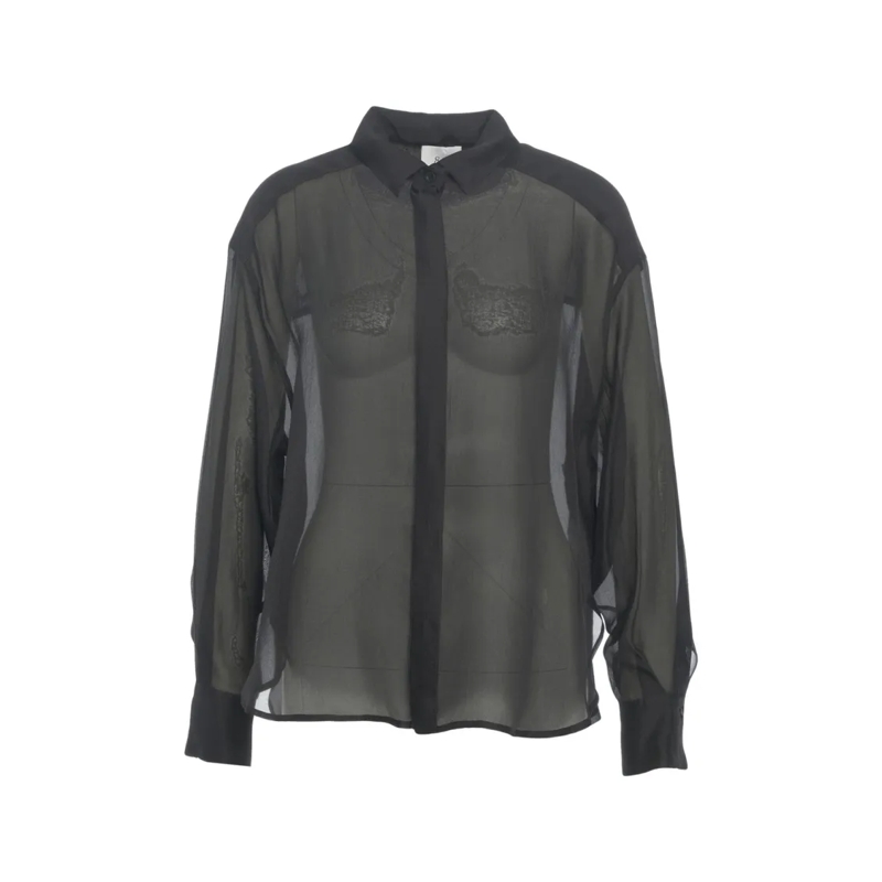 8Pm Chemise Semi-Transparent Blouse With Classic Collar And Vo Grey