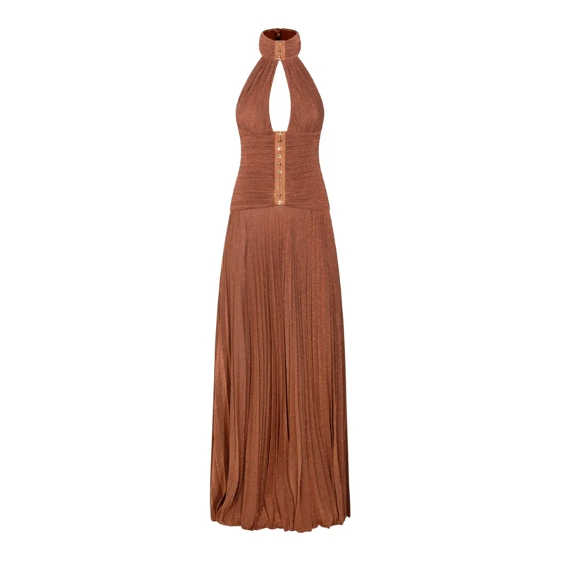 Elisabetta Franchi  Brown Lamé Jersey Maxi Dress Brown