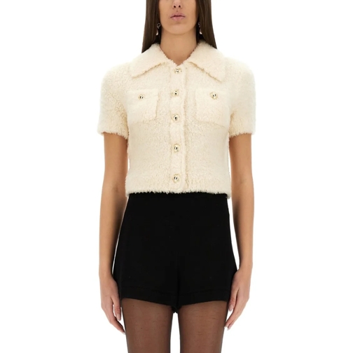 Self Portrait Pullover Cropped Collared Knitted Top With Button-Down Fron Neutrals