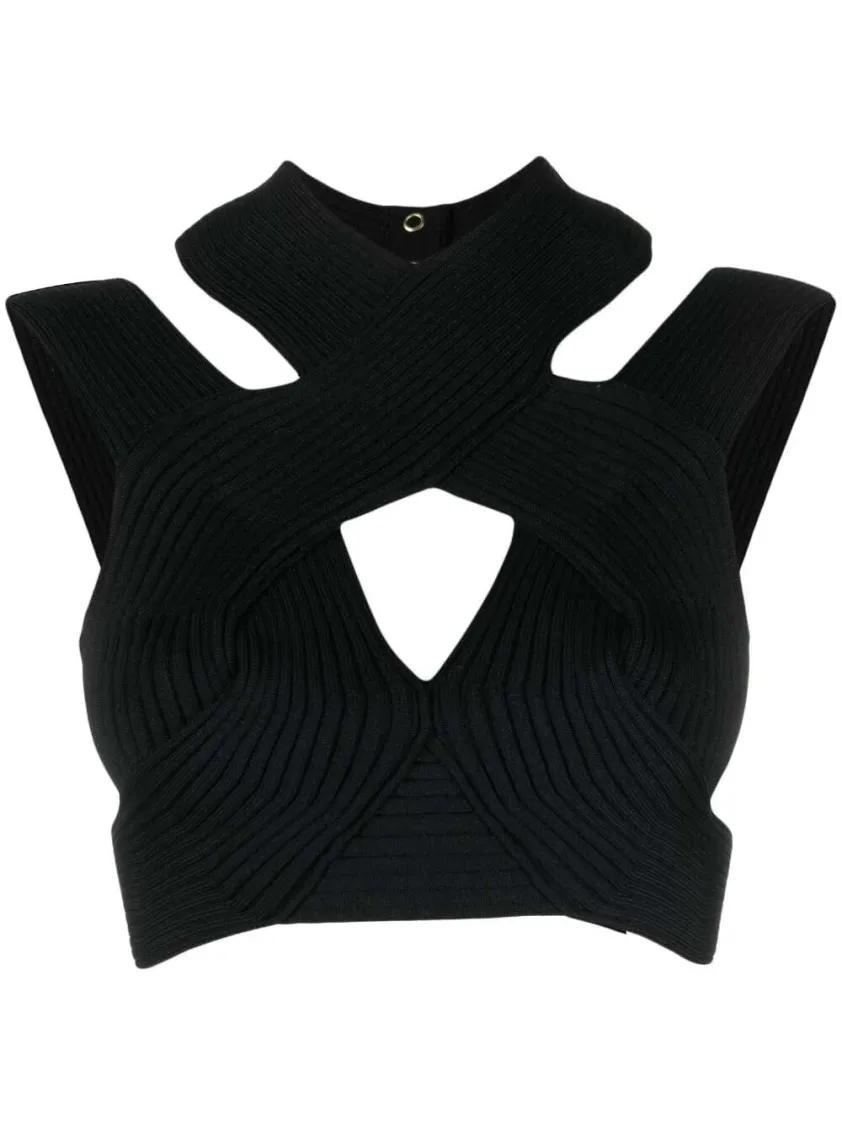Thumbnail - Balmain - Cut-Out Ribbed Cropped Top - Größe 36 - schwarz