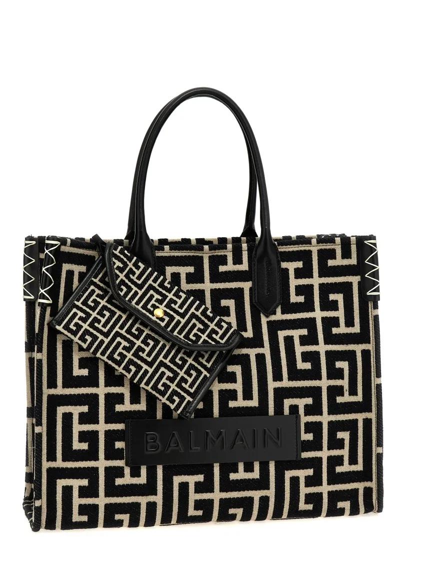 Balmain B-Army 42 monogram jacquard en leren tote tas Black Dames