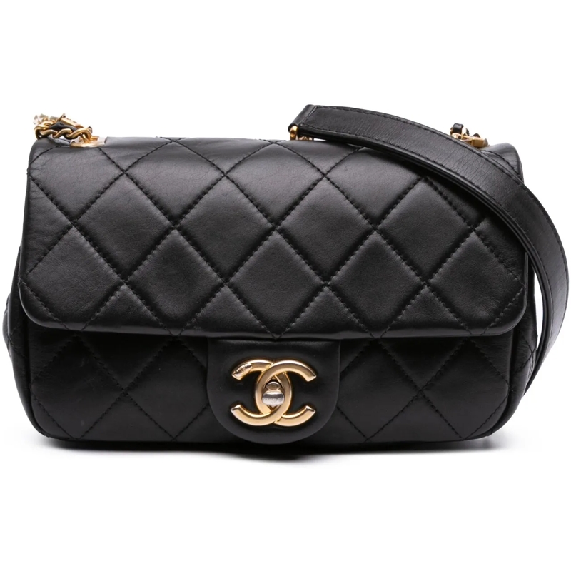 Chanel Sac à bandoulière Mini Quilted Calfskin Crystal Pearls Chain Flap schwarz