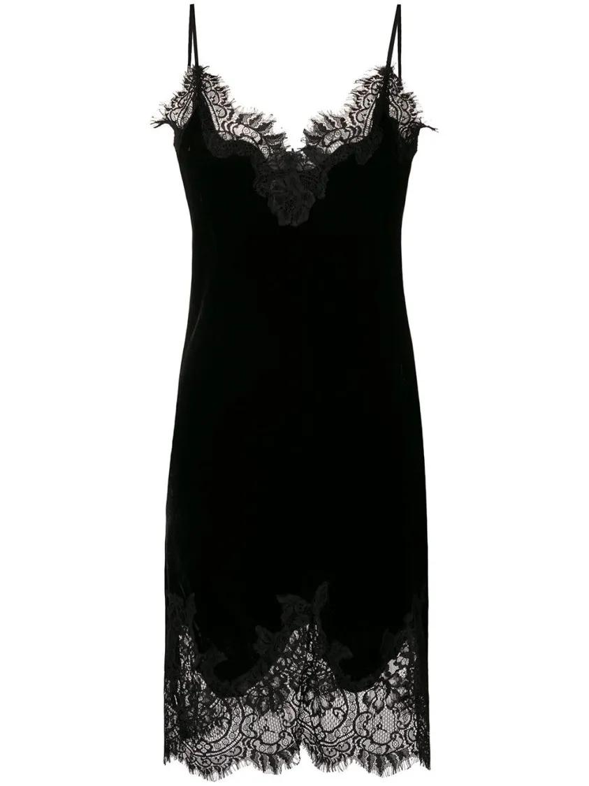 Gold Hawk - Black Lace Trim Velvet Slip Dress - Größe S - schwarz