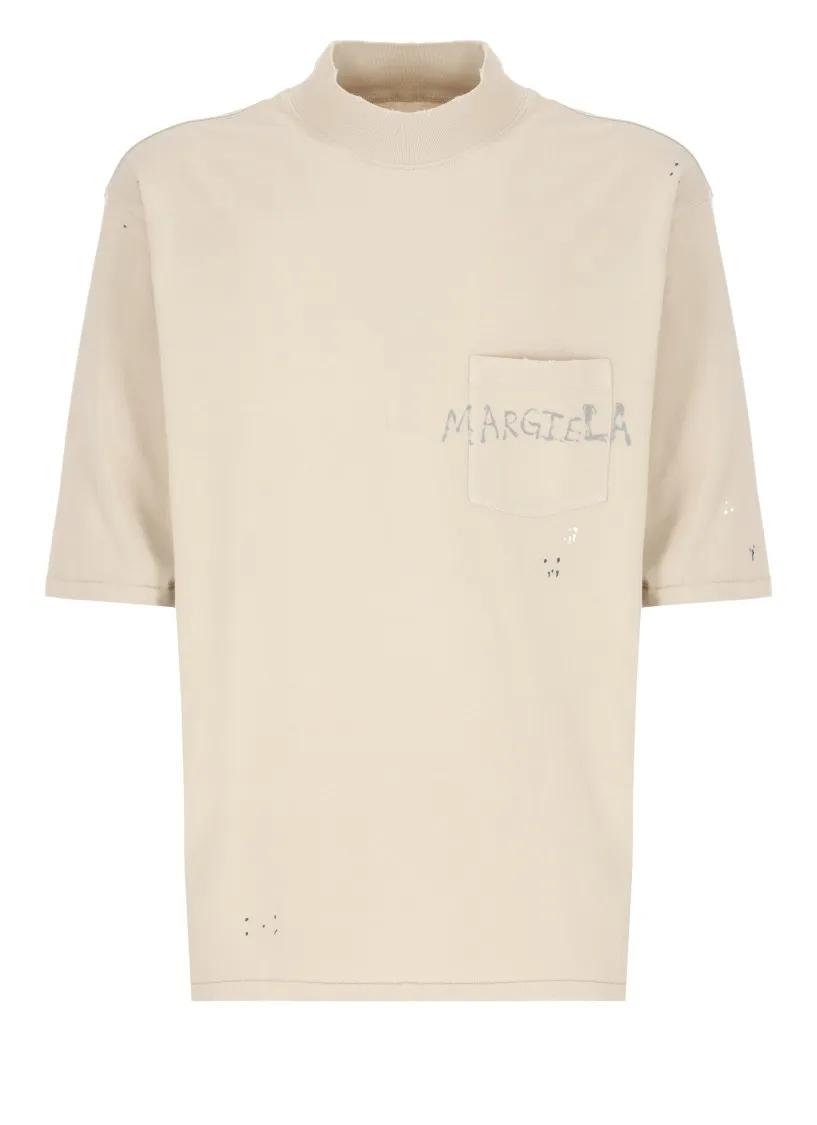 Thumbnail - Maison Margiela - Beige Cotton Graffiti T-Shirt With Distressed Deta - Größe L - beige