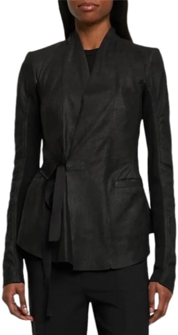 Thumbnail - Rick Owens - Veste cuir plissee bas arriere noir wrap Holywood - Größe IT 42 - black