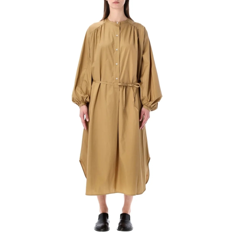 Loulou Studio Midi-jurk Cotton Poplin Midi Dress With Stand Collar And Fab Brown