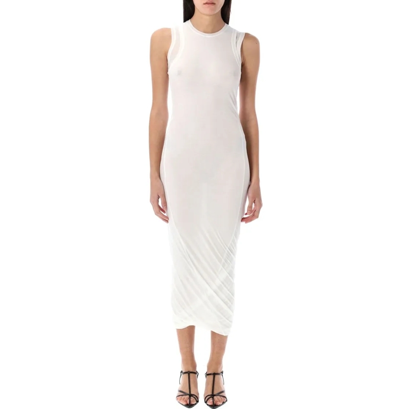 Jil Sander Midi-jurk Beige Crepe Cotton Sleeveless Midi Dress White