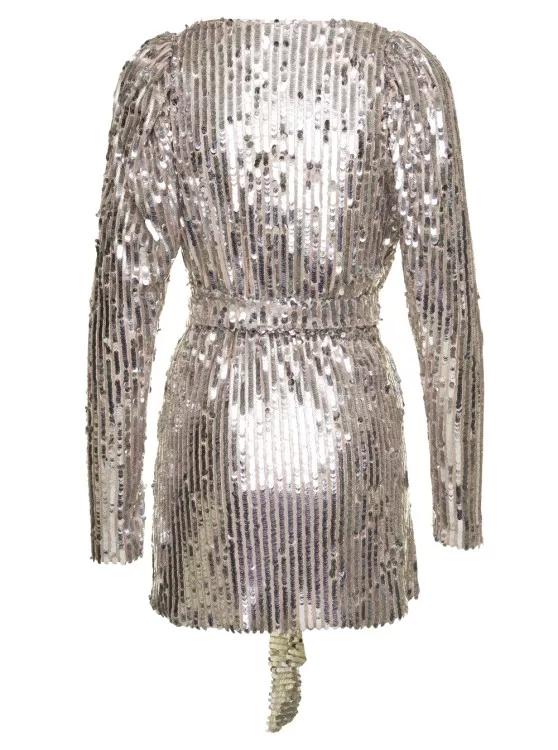 Rotate Bridget' Silver-Tone Sequin Midi Wrap Dress Grey