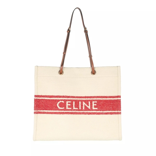 Celine Squared Cabas Logo Tote Bag Beige/Red/Tan Rymlig shoppingväska
