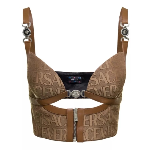 Versace Brown Bustier Top With Medusa And Cut-Out In Canva Brown 