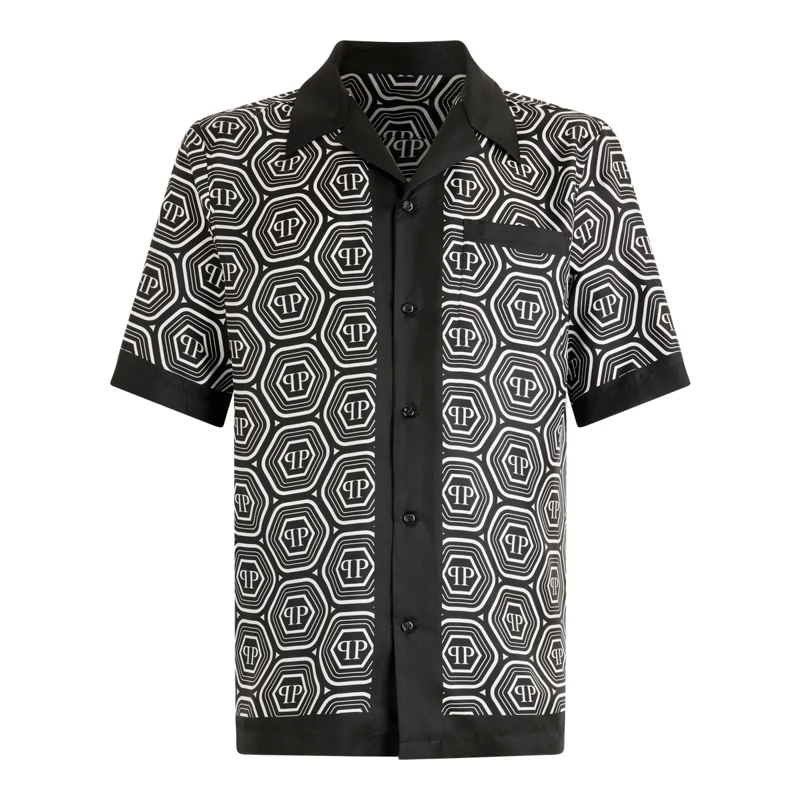 Philipp Plein Hemd Silk Bowling Shirt Monogram 70'S schwarz