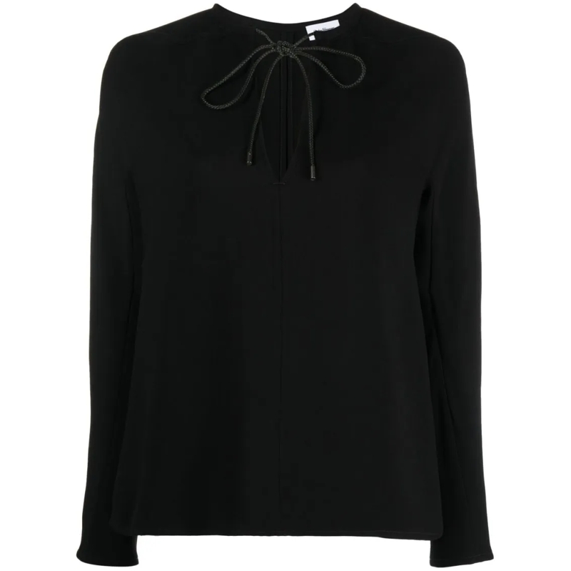 Salvatore Ferragamo Blouse Tie-Neck Black Leather Blouse Black