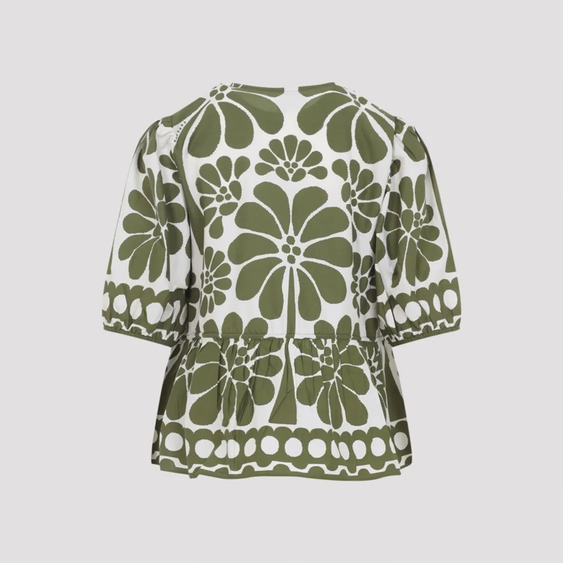 Farm Rio Blouse Floral Print Blouse With Puffed Sleeves Green