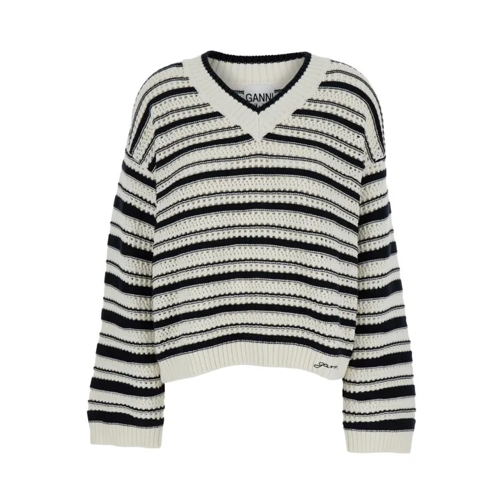 GANNI White And Black Stripe Sweater With V Neck In Cott White 