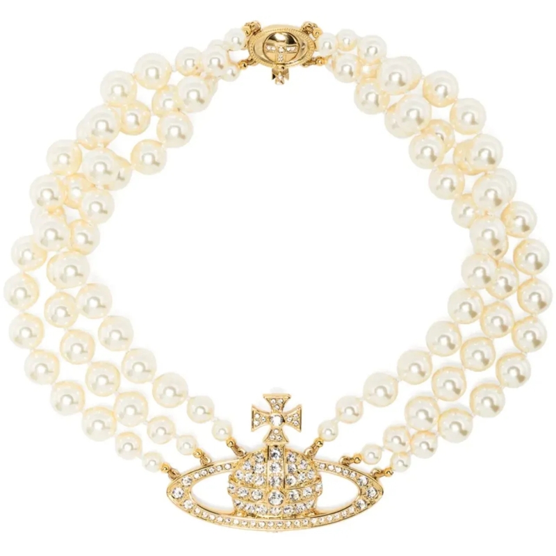 Vivienne Westwood Collier moyen Three Row Pearl Bas Relief Gold Pearl Crystal mehrfarbig