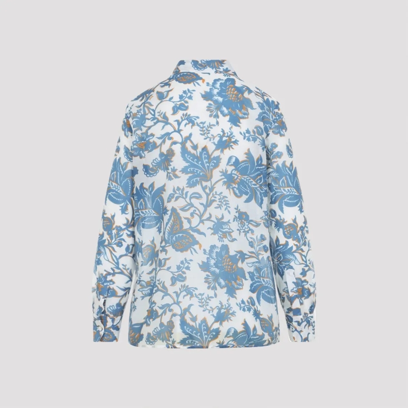 Etro Overhemd Intricate Floral Pattern Cotton-Silk Blend Shirt Blue
