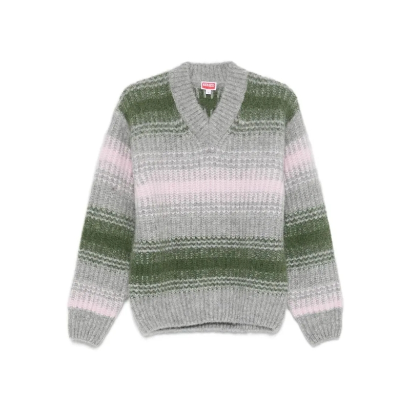Kenzo Pullover Textured Knit V-Neck Sweater Grey