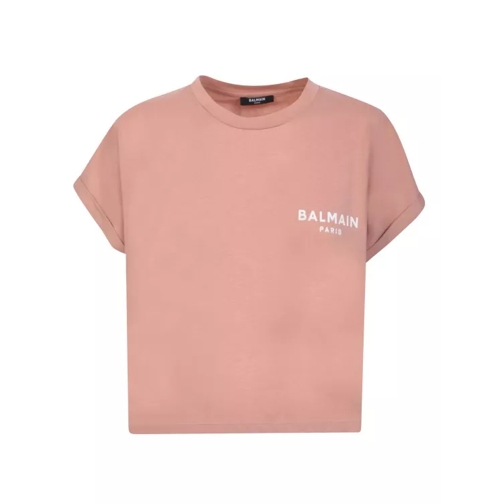 Balmain Pink Contrasting Logo Crop T-Shirt Pink 