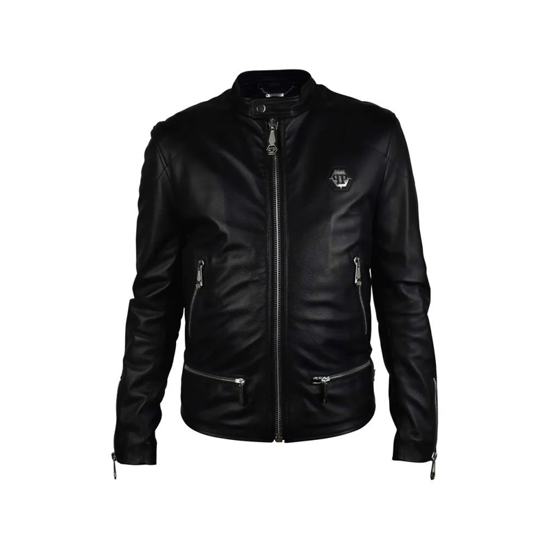 Philipp Plein Lederjacke Black Grained Leather Biker Jacket Black