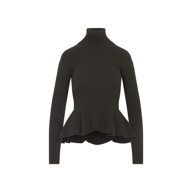 Max Mara Rollkragenpullover Ribbed Wool-Cashmere Blend Sweater With Peplum Hem Black