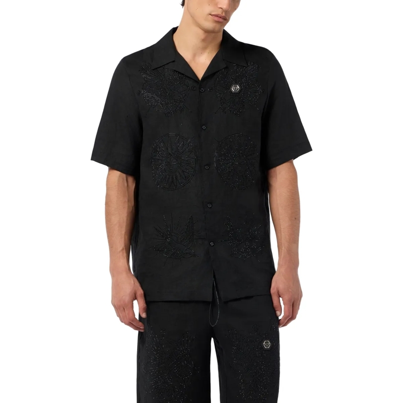 Philipp Plein Hemd Embroidered Linen Bowling Shirt Tattoo Strass schwarz(Image 3)