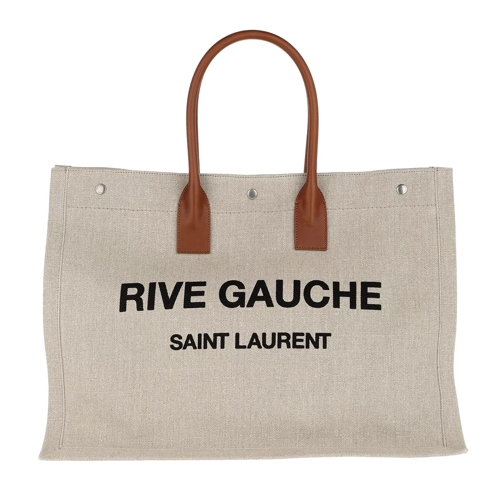 Saint Laurent Rive Gauche Tote Bag Linen Leather Natural Vin Cognac Rymlig shoppingväska