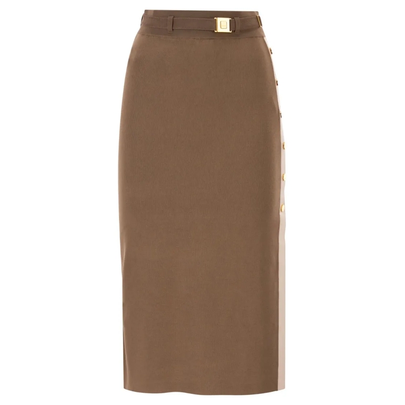 Elisabetta Franchi Midirok Midi Skirt With Shiny Viscose Bands Brown