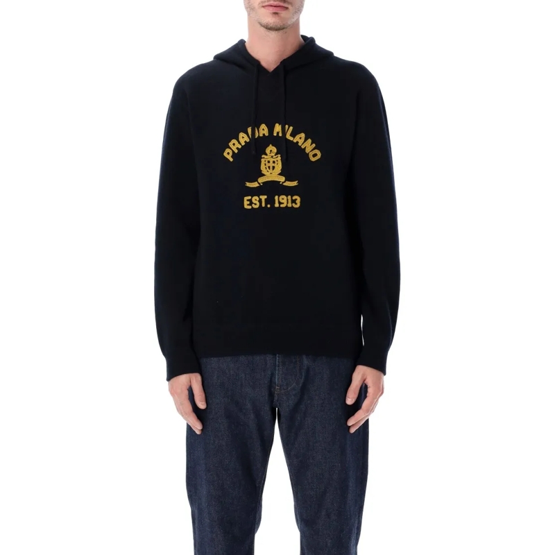 Prada  Wool And Cashmere Blend Hoodie With Embroidered Lo Black