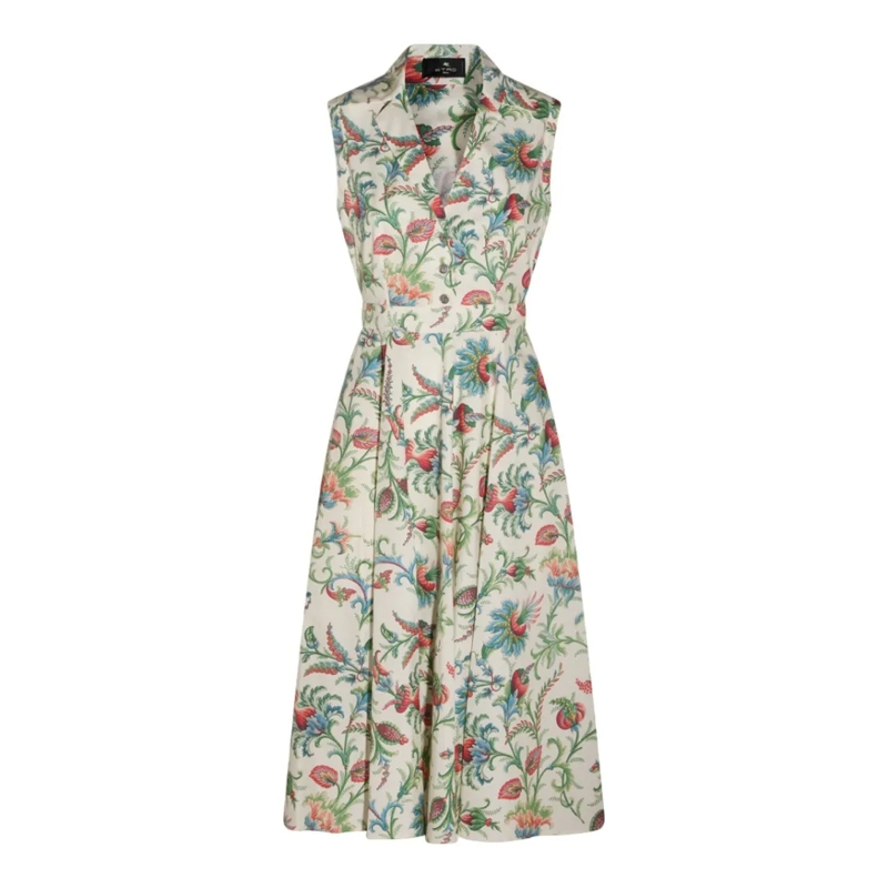 Etro Midi-jurk Floral Midi Dress With Collared Neckline Neutrals
