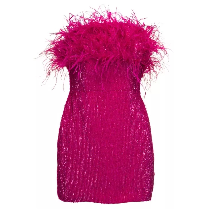 Retrofete Pink Sequin Emebllished Mini Dress With Feathers I Pink