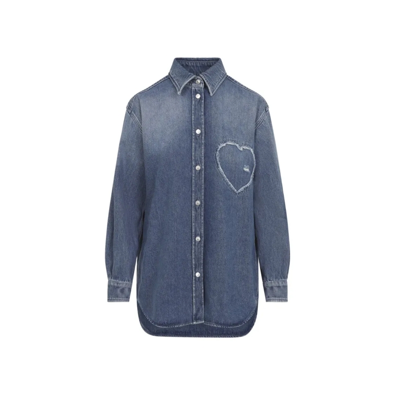 Moschino Hemd Long Sleeve Denim Shirt With Frayed Heart Patch Grey