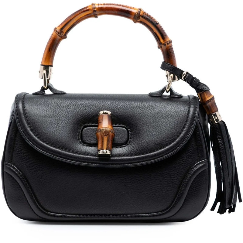 Gucci Schultertasche Medium Leather New Bamboo Satchel schwarz