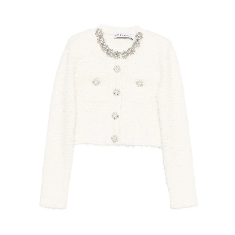 Self Portrait Trui Cropped Sweater With Textured Boucle Knit And Crys White