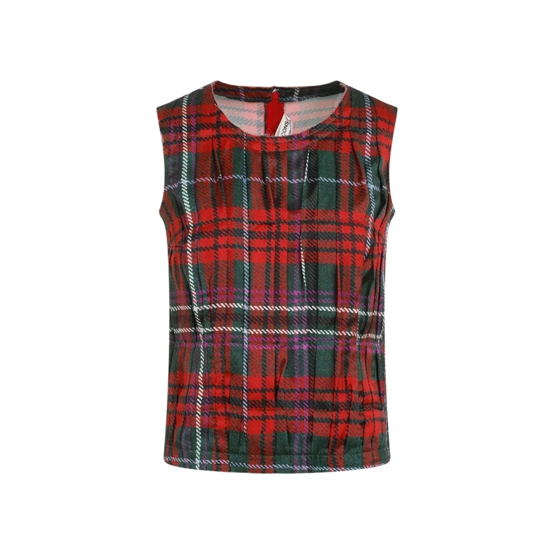 Comme des Garcons Blouse Multicolor Tartan Pleated Top Red