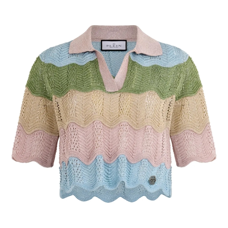 Philipp Plein Top Knitted Polo T-Shirt Color Wave bunt