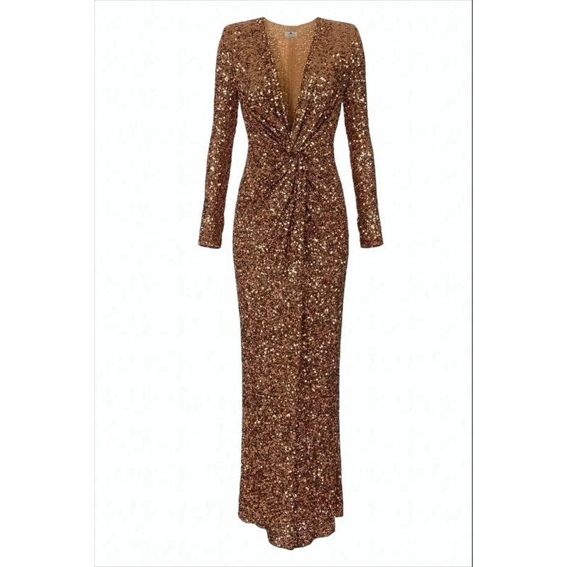 Elisabetta Franchi Avondjurk Sequined Evening Dress With Structured Shoulders Brown