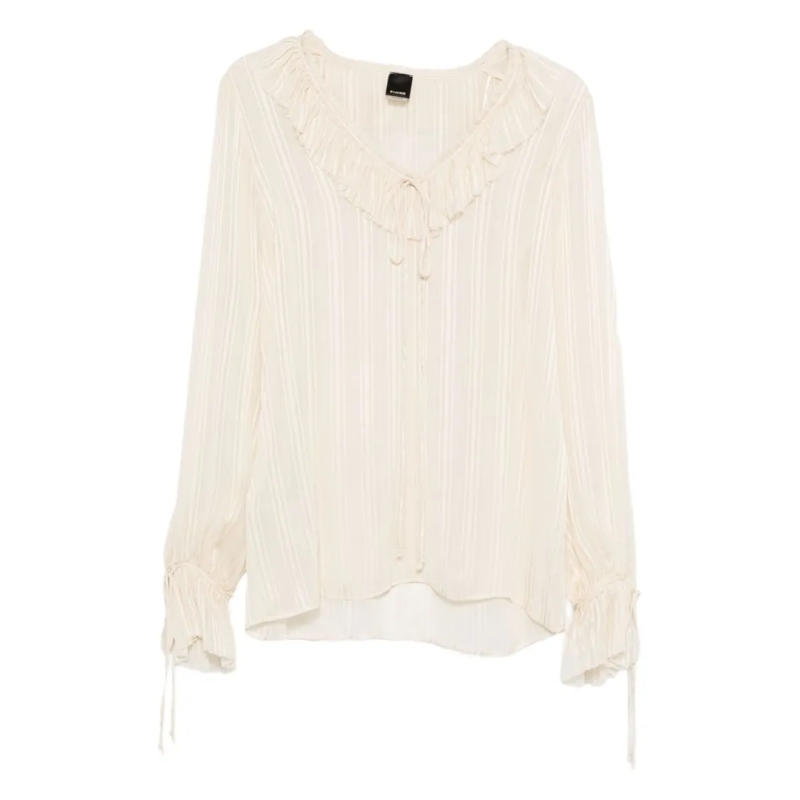 Pinko Hemd Sheer Blouse With Ruffled V-Neck Neutrals