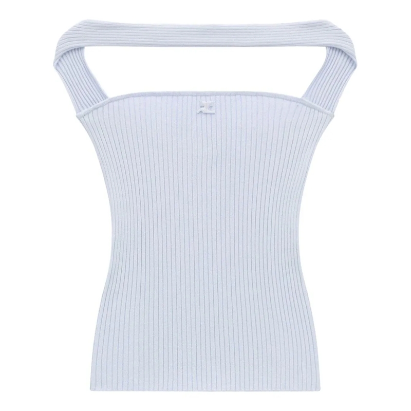 Courrèges Blouse Light Grey Ribbed Knit Top White