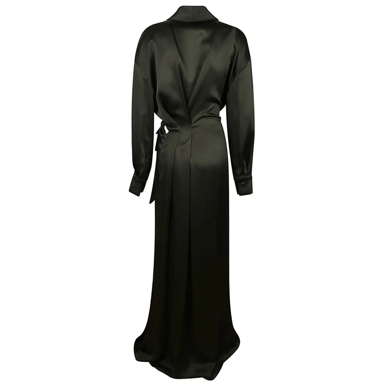Victoria Beckham  Satin-Wrap Gown With Cuffed Sleeves And V-Neckline Green
