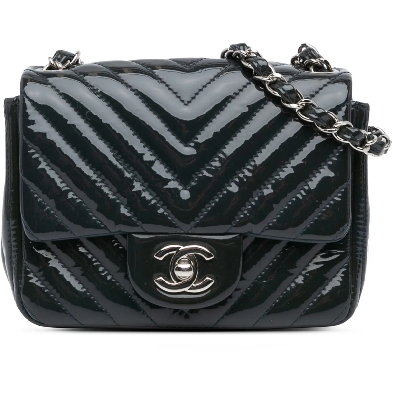 Chanel Schultertasche Mini Square Classic Chevron Patent Single Flap blau