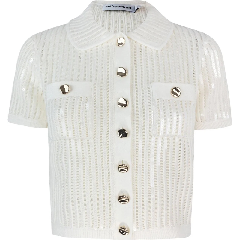Self Portrait T-Shirt White Sequin Knitted Top With Pointed Collar And D White
